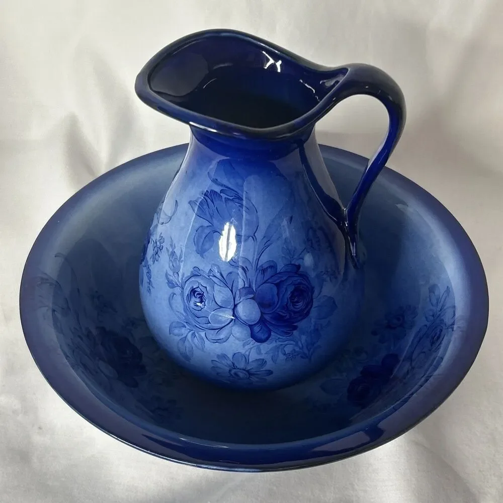 Vintage Staffordshire of England Flow blue Floral Pitcher and Bowl Set